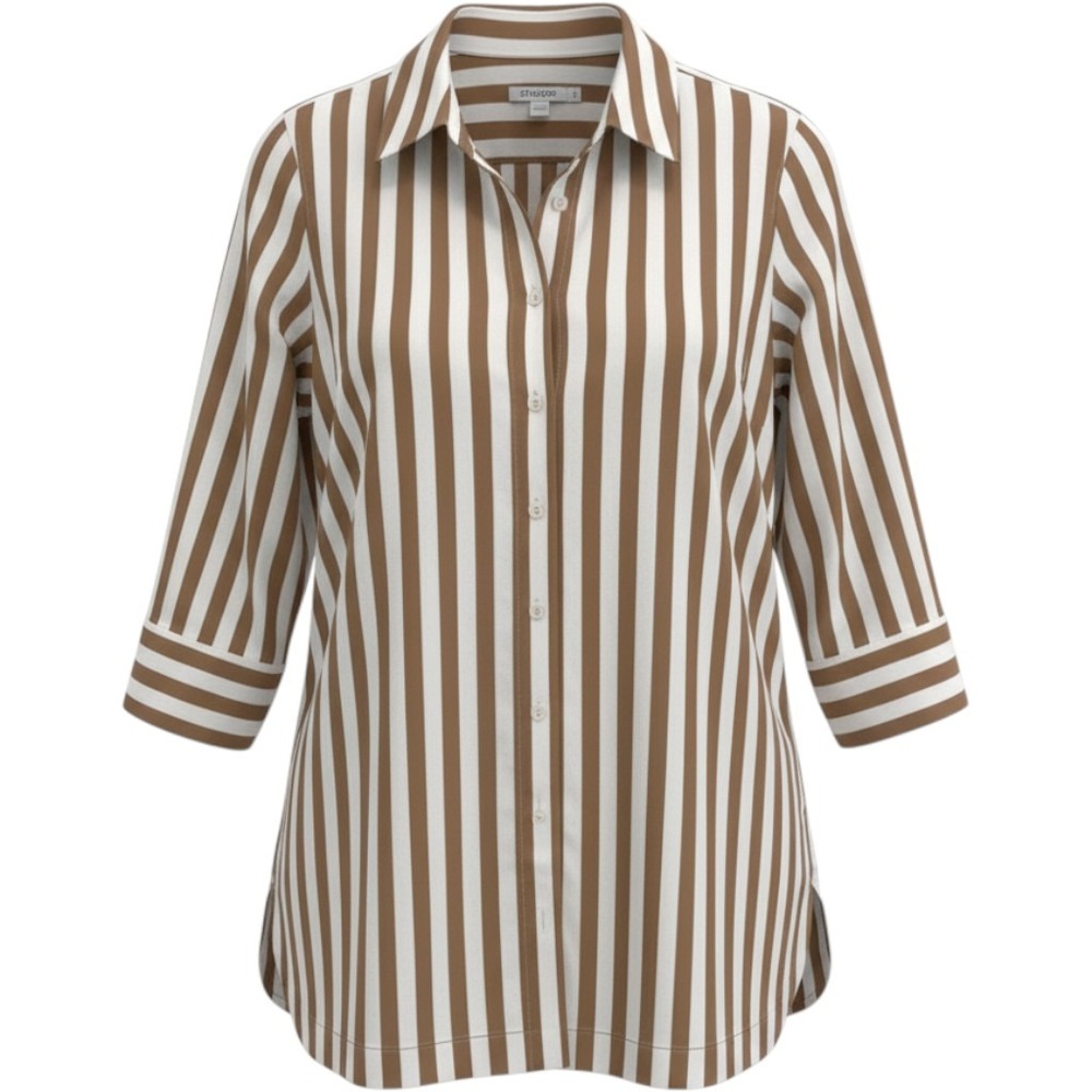 Chicos Tan White Striped Button Down Tunic Shirt 3/4 Sleeve Size Medium